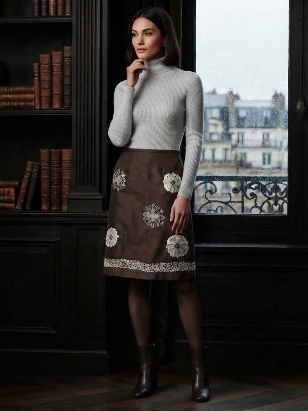 LOFT Brown Midi Skirt with Cream Floral Embroidery